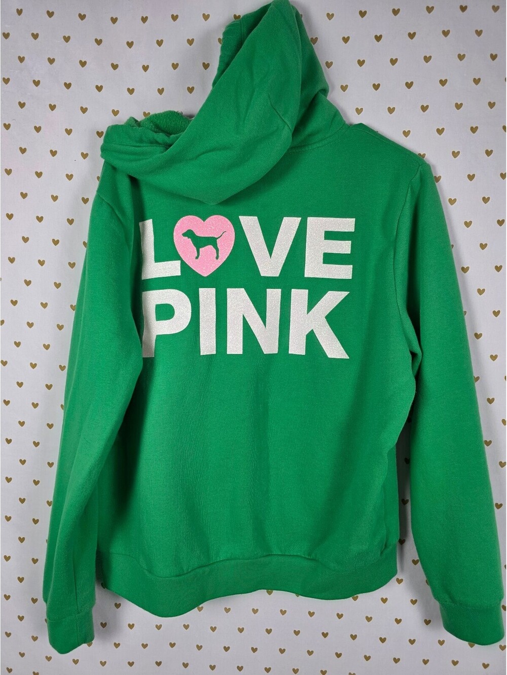 Victorias Secret Pink Green Campus Originals Glitter Full Zip Hoodie Jacket XL